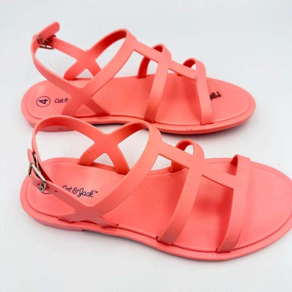 Cat & Jack Girls Coral Pink Jelly Gladiator Sandals Size 4 Big Kids Buckle Strap